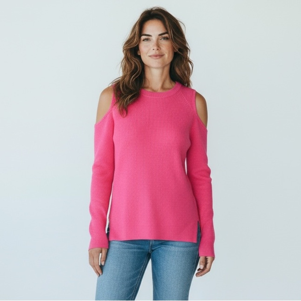 Marled Cashmere Cold Shoulder Long Sleeve Sweater Pink Thumbholes Size XS - Picture 9 of 9